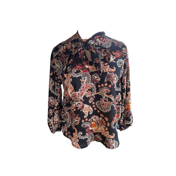 Paisley Tie Collar Shirt Sz. M - Bishop Sleeve, Whimsigoth, Boho, Flowy, Fall - Picture 1 of 3